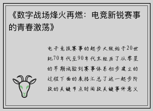 《数字战场烽火再燃：电竞新锐赛事的青春激荡》